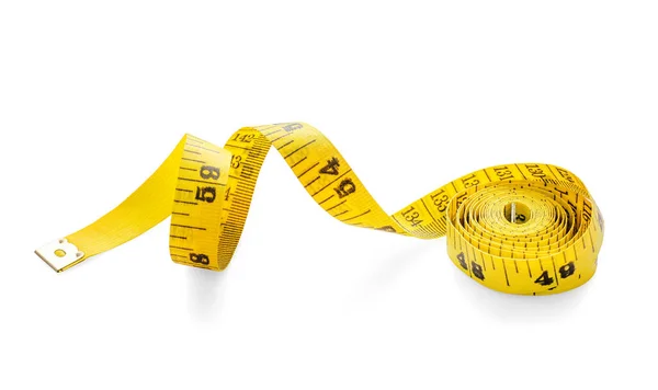 白色背景上隔离的黄色测量带 饮食概念 — 图库照片