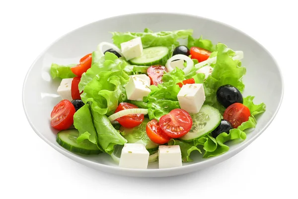 Salada Grega Tradicional Placa Branca Isolada Sobre Fundo Branco — Fotografia de Stock