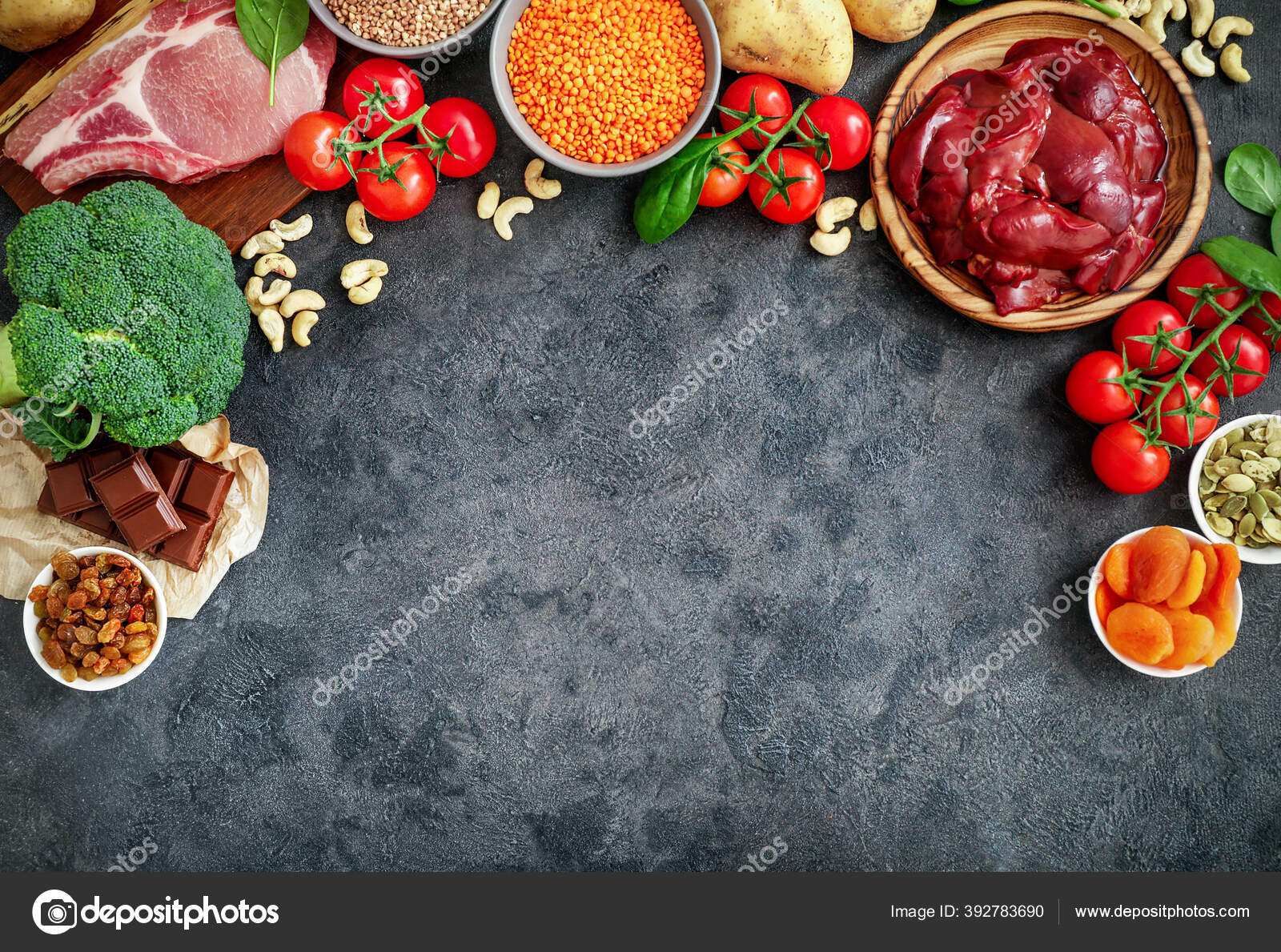 Assortment High Iron Sources Dark Background Liver Beef Raisins Keshew