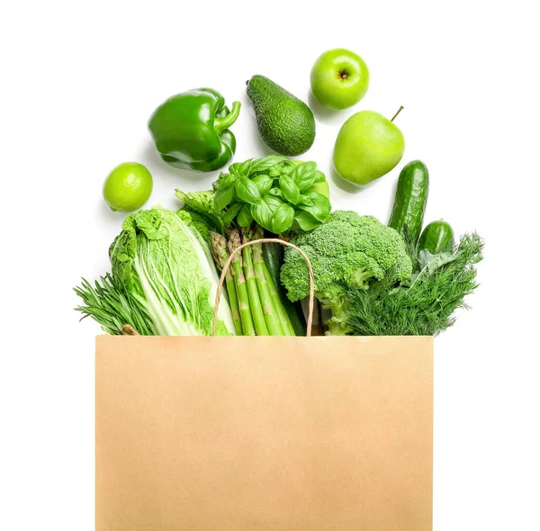 Papírzacskó Tele Különböző Egészséges Élelmiszerek Elszigetelt Fehér Alapon — Stock Fotó