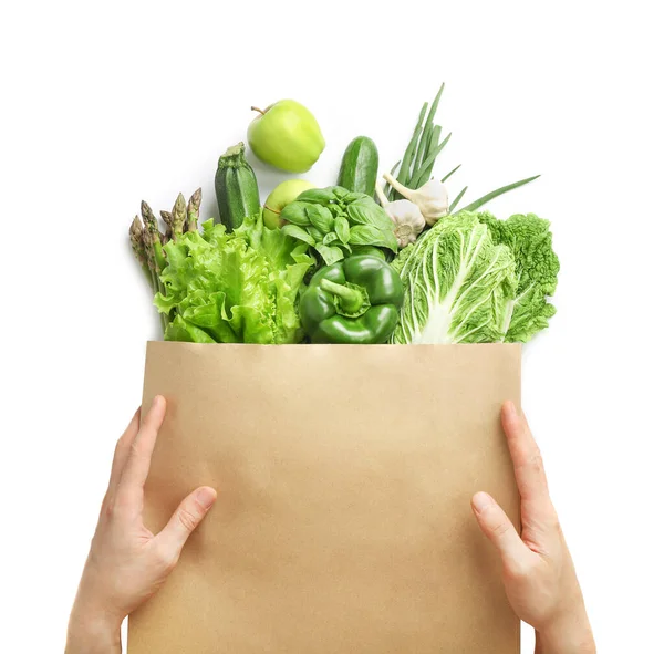 Entrega Verduras Bolsa Papel Hogar Pedido Línea Fondo Blanco Vista —  Fotos de Stock