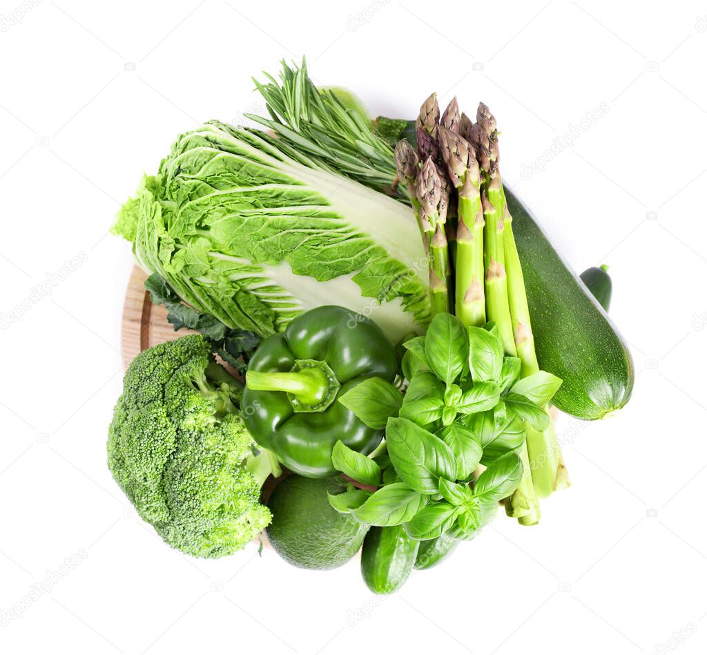 Vegetarian healthy food. Various fresh vegetables and herbs isolated on white background.