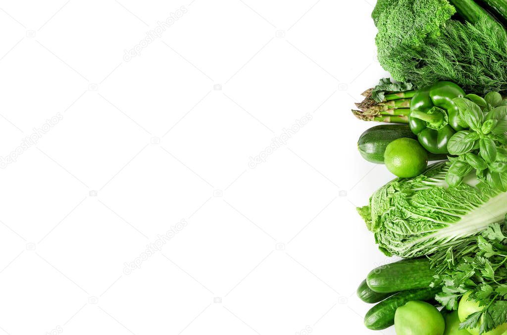 Vegetarian healthy food. Various fresh vegetables and herbs isolated on white background.