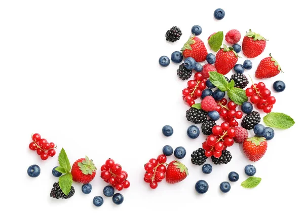 Assorted wild fresh berries isolated on white background. Top view. Copy space.