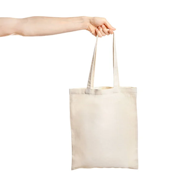Maschio Mano Tenuta Eco Bag Isolato Sfondo Bianco — Foto Stock