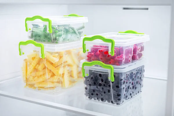 Emballages Récipients Avec Fruits Légumes Congelés Congélateur — Photo