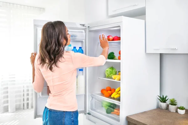 Young African Woman Choosing Products Fridge Kitchen Healthy Food Concept — Stock Photo, Image