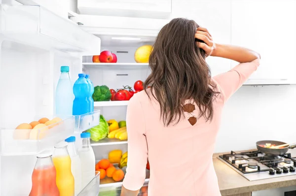Young African Woman Choosing Products Fridge Kitchen Healthy Food Concept — Stock Photo, Image