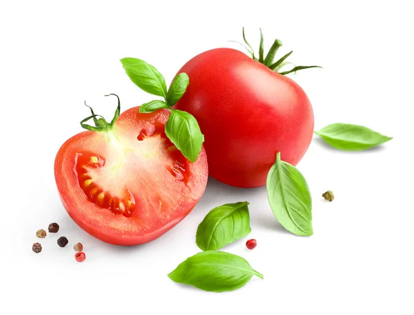 Fresh Ripe Tomatoes Basil Leaves Isolated White Background — Stock Photo, Image