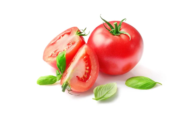 Frische Reife Tomaten Und Basilikumblätter Isoliert Auf Weißem Hintergrund — Stockfoto