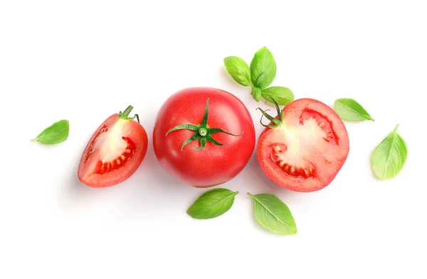 Fresh Ripe Tomatoes Basil Leaves Isolated White Background Top View — Stock Photo, Image