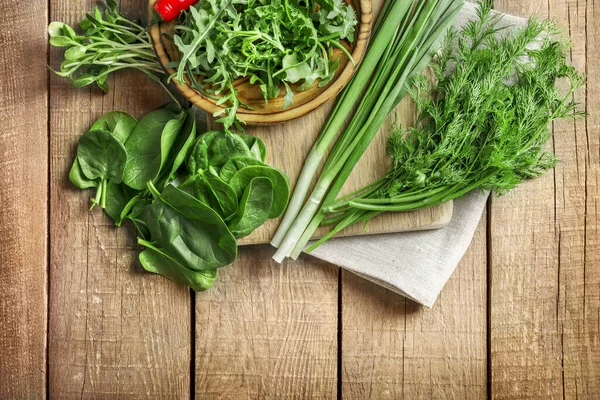 Fresh Green Vegetables Herbs Wooden Table Top View Source Protein — Stock Photo, Image