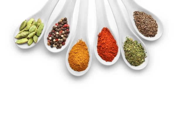 Top View Various Spices Spoons Isolated White Background — Stock Photo, Image