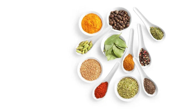 Top View Various Spices Bowls Spoons Isolated White Background — Stock Photo, Image