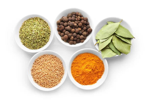 Top View Various Spices Bowls Isolated White Background — Stock Photo, Image