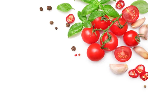 Ingredienti Cucinare Aglio Pomodori Spezie Erbe Aromatiche Isolate Fondo Bianco — Foto Stock