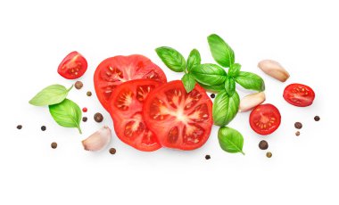 Beyaz arka planda izole edilmiş yemek, sarımsak, domates, baharat ve otlar için malzemeler. Üst görünüm.