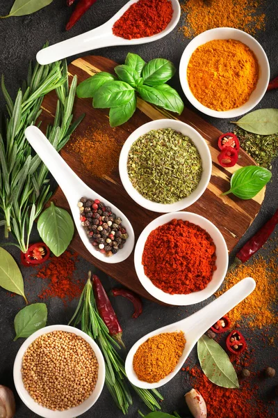 Top View Various Spices Bowls Spoons Dark Background — Stock Photo, Image