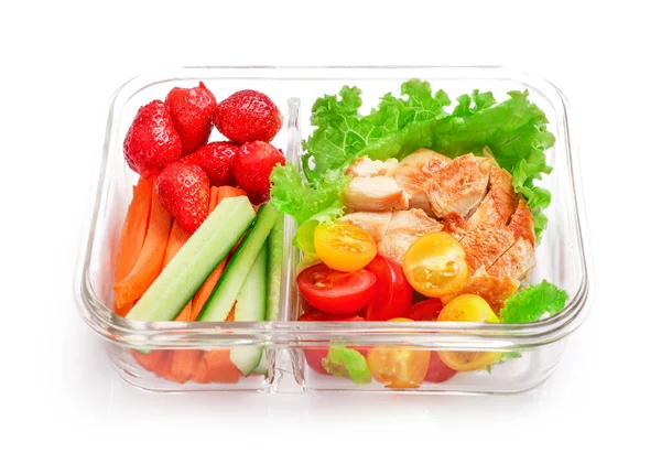 Healthy Vegetable Chicken Meal Glass Lunch Box Container Isolated White — Stock Photo, Image