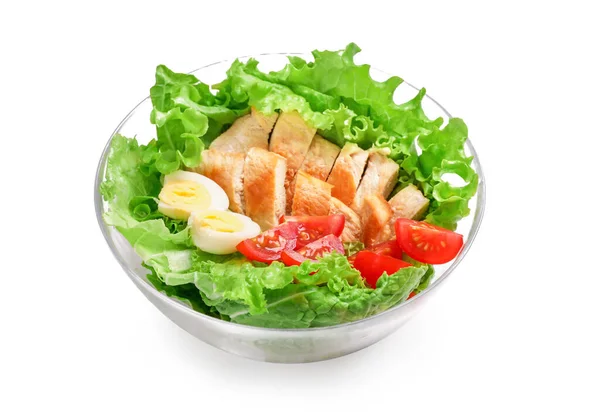 Zdrowe Warzywa Kurczaka Obiad Szklanej Misce Izolowane Białym Tle — Zdjęcie stockowe