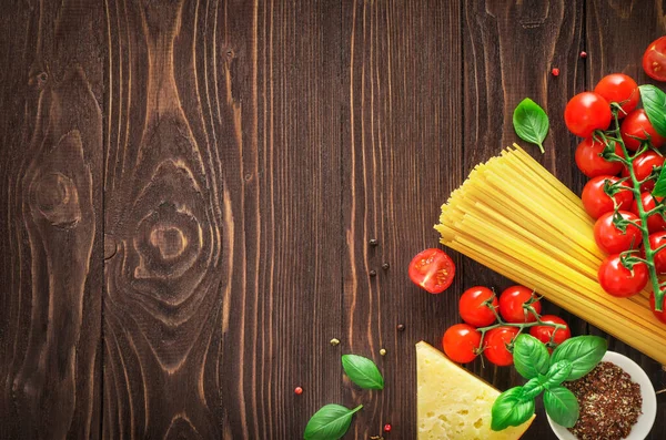 Ingredienti Alimentari Pasta Italiana Fondo Legno Vista Dall Alto Copia — Foto Stock