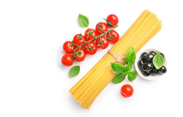 Zutaten Für Italienische Pasta Auf Weißem Hintergrund Ansicht Von Oben — Stockfoto