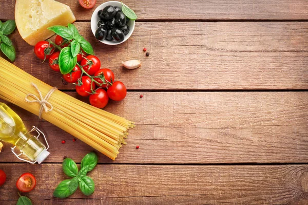 Ingredienti Alimentari Pasta Italiana Fondo Legno Vista Dall Alto — Foto Stock