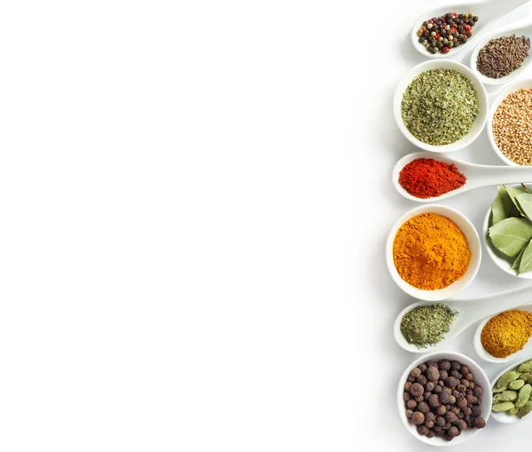 Top View Various Spices Bowls Spoons Isolated White Background Copy — Stock Photo, Image