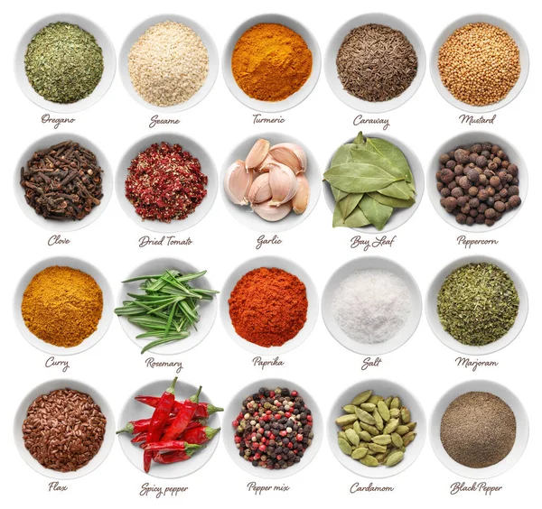 Collage Various Spices Herbs Bowls Isolated White Background Top View — Stock Photo, Image