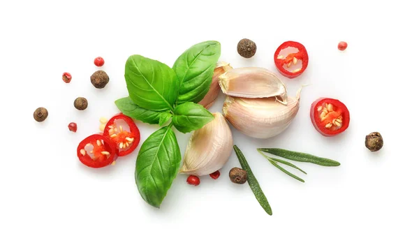 Ingredienti Cucinare Aglio Pepe Spezie Erbe Aromatiche Isolate Fondo Bianco — Foto Stock