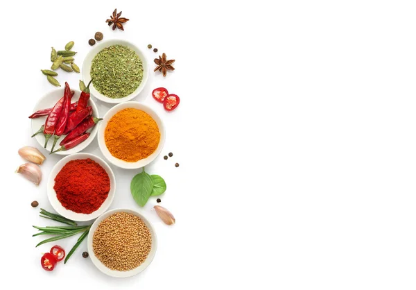 Top View Various Spices Bowls Isolated White Background Copy Space — Stock Photo, Image