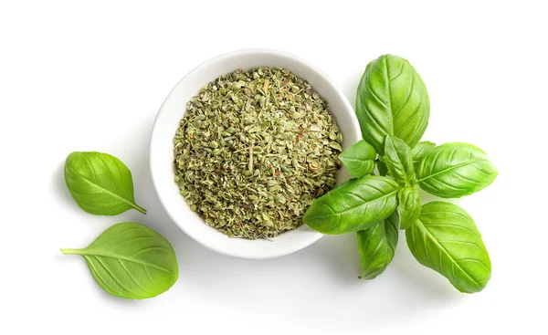 Dry Marjoram Bowl Fresh Basil Leaves Isolated White Background Top — Stock Photo, Image