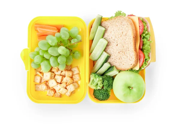 健康的学校午餐盒 白色背景隔离 顶部视图 — 图库照片