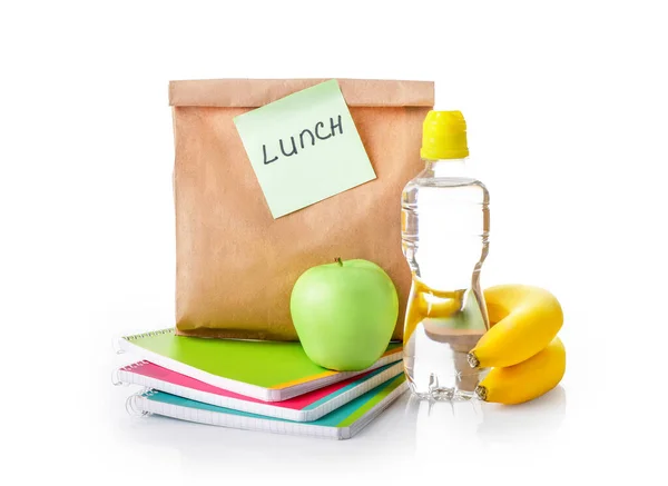 Paper Bag School Lunch Multicolored Copybooks Water Bottle Bananas Green — Stock Photo, Image