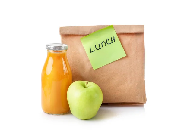 Sacchetto Carta Con Pranzo Scuola Con Succo Frutta Mela Verde — Foto Stock