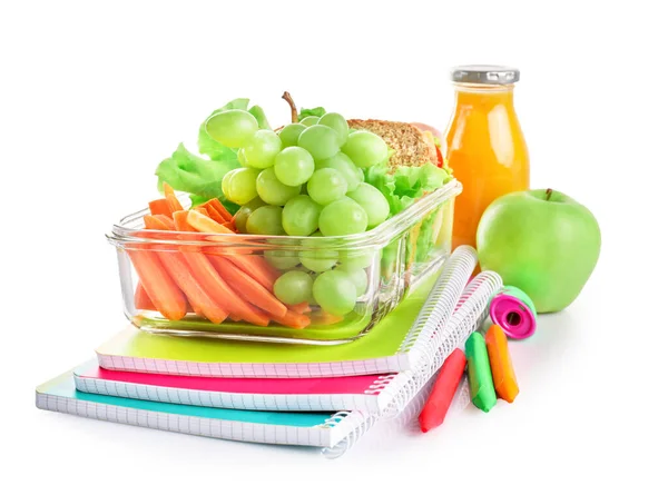 Friska Skolan Lunchlåda Och Skolan Brevpapper Isolerad Vit Bakgrund — Stockfoto