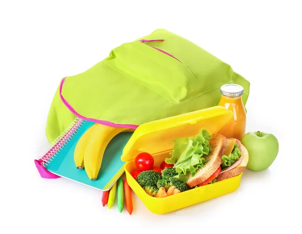 Bolsa Escola Verde Caixa Almoço Escolar Saudável Isolado Fundo Branco — Fotografia de Stock