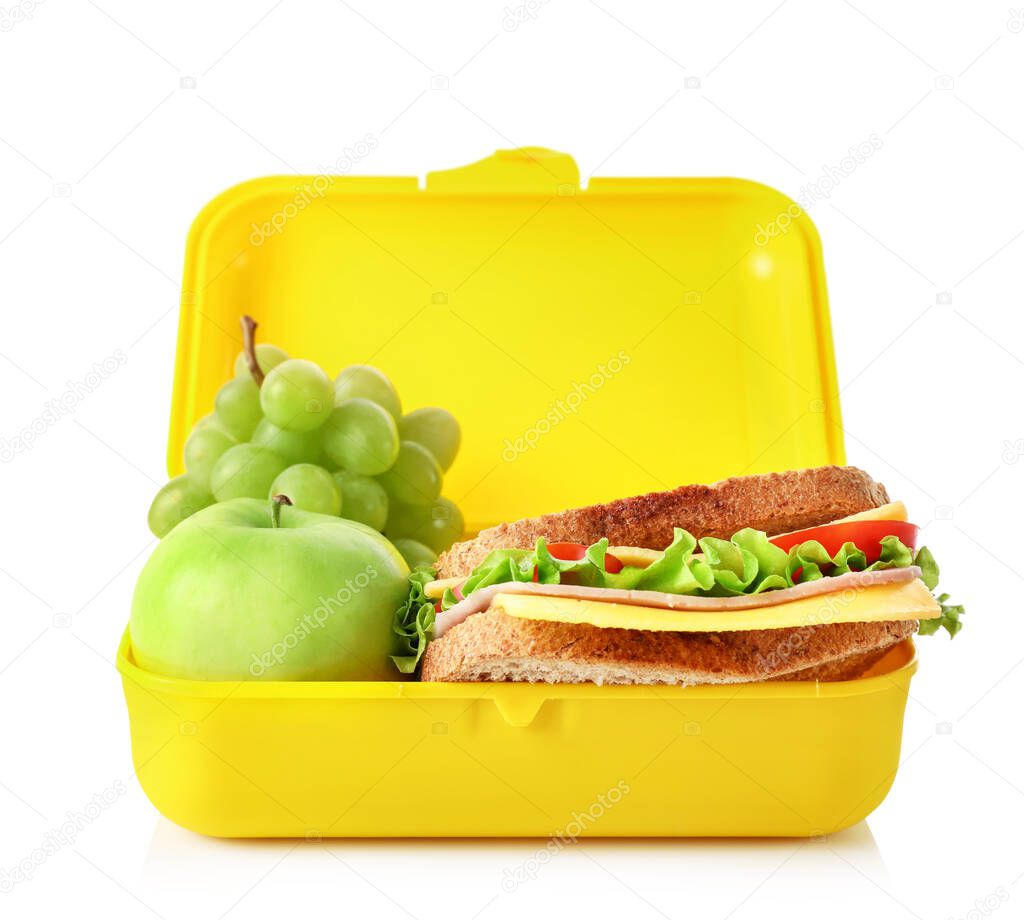 Healthy school lunch box isolated on white background.