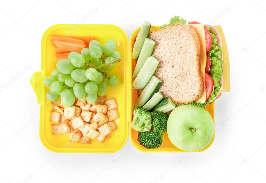Healthy school lunch box isolated on white background. Top view.