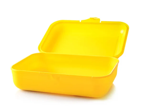 白色背景隔离的空黄色塑料午餐容器 — 图库照片