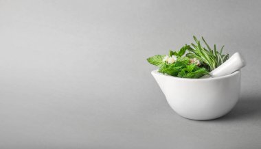 Gri arkaplanlı havan topuzlu şifalı bitkiler. Uzayı kopyala Bitkisel tıp konsepti.