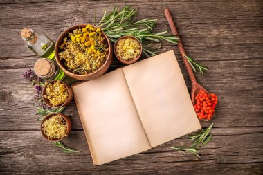 Ahşap arka planda şifalı bitkilerin iksiri tarifleri olan eski bir kitap. Üst görünüm.