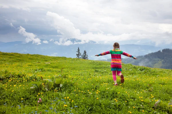 어린이들은 알프스 산맥을 아이들은 오스트리아의 눈덮인 봅니다 꽃피는 지대의 초원을 — 스톡 사진