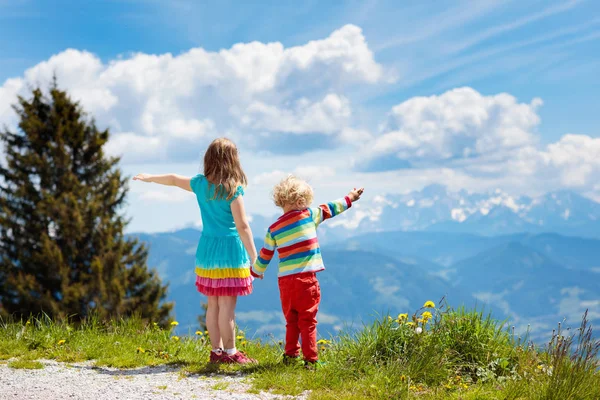 Niños Caminando Las Montañas Los Alpes Los Niños Ven Montaña —  Fotos de Stock