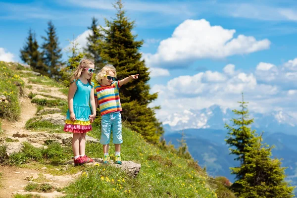 Crianças Caminhando Nas Montanhas Dos Alpes Crianças Olham Para Montanha — Fotografia de Stock