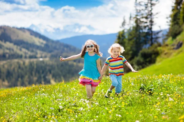 アルプスの山々で子供たちのハイキング 子供たちはオーストリアの雪に覆われた山で走ります 春休み 高山草原に咲くハイキングコースの小さな男の子と女の子 アウトドアの楽しさと健康的な活動 — ストック写真