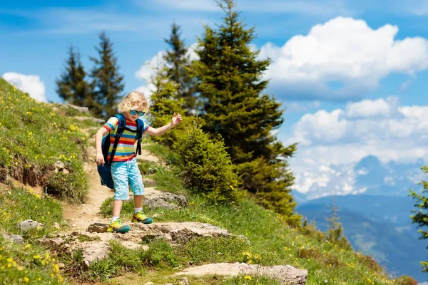 孩子们在阿尔卑斯山中远足 孩子们看着奥地利覆盖着积雪的山 小男孩在盛开的高山草甸小径上远足 户外运动的乐趣和健康 — 图库照片