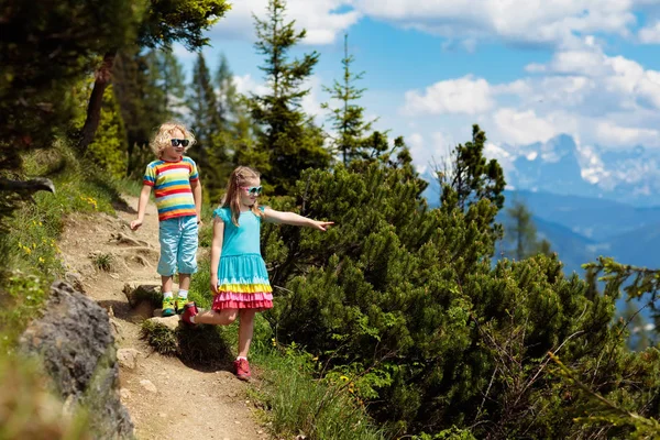在阿尔卑斯山的孩子徒步旅行 孩子们看着奥地利积雪覆盖的山 春天的家庭假期 小男孩和女孩在远足小径在盛开的高山草甸 户外娱乐和健康活动 — 图库照片