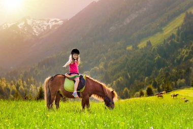 Alp dağlarında midilliye binen çocuklar. Avusturya 'daki at çiftliğinde aile tatili, Tirol. Çocuklar ata biner. Çocuk hayvanla ilgileniyor. Çocuk ve evcil hayvan. Çiçek açan çayırdaki küçük kız.