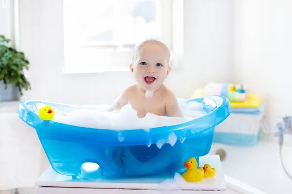 Happy Laughing Baby Taking Bath Playing Foam Bubbles Little Child — Stock Photo, Image